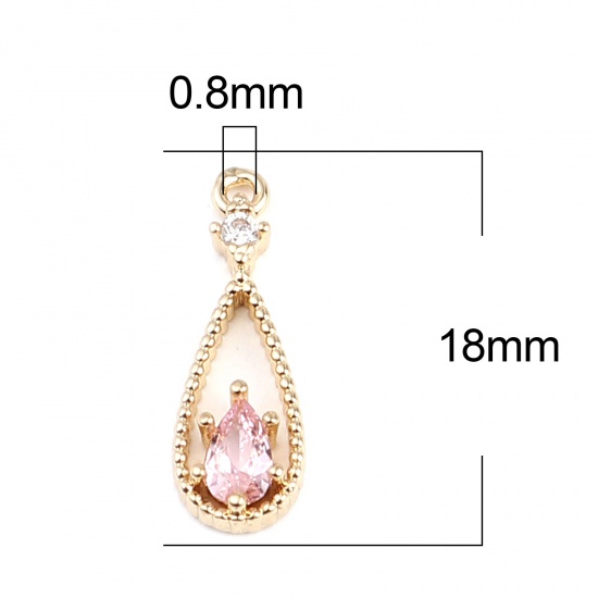 Image de Breloques en Laiton Goutte d'Eau Doré à Strass Rose 18mm x 6mm, 5 Pcs