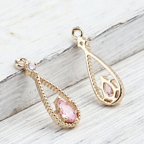 Image de Breloques en Laiton Goutte d'Eau Doré à Strass Rose 18mm x 6mm, 5 Pcs