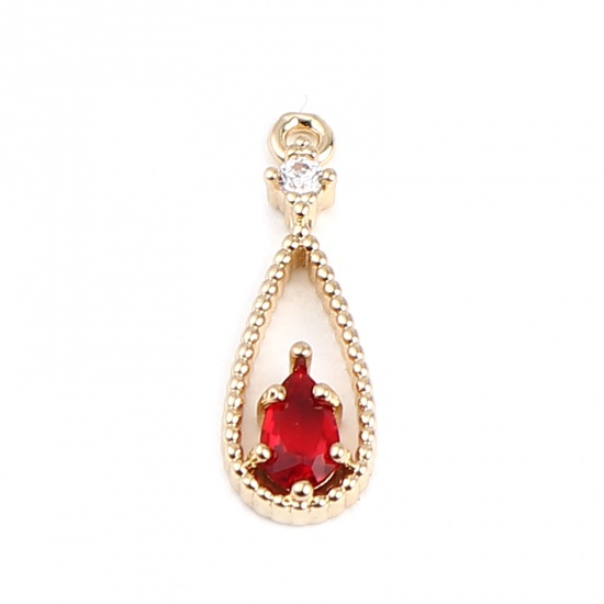 Image de Breloques en Laiton Goutte d'Eau Doré à Strass Rouge Foncé 18mm x 6mm, 5 Pcs