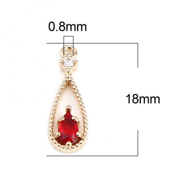 Image de Breloques en Laiton Goutte d'Eau Doré à Strass Rouge Foncé 18mm x 6mm, 5 Pcs