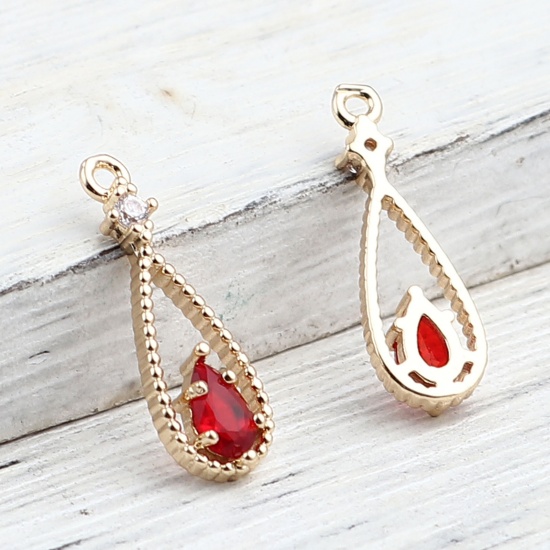 Image de Breloques en Laiton Goutte d'Eau Doré à Strass Rouge Foncé 18mm x 6mm, 5 Pcs
