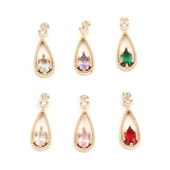 Image de Breloques en Laiton Goutte d'Eau Doré à Strass Rouge Foncé 18mm x 6mm, 5 Pcs