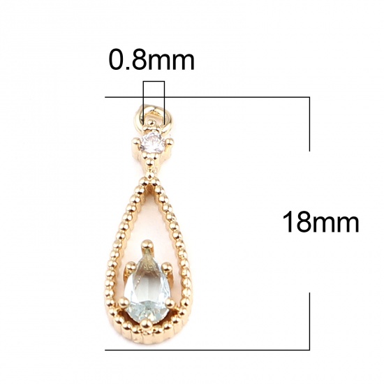 Image de Breloques en Laiton Goutte d'Eau Doré à Strass Bleu Clair 18mm x 6mm, 5 Pcs
