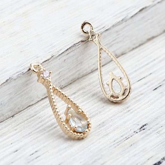Image de Breloques en Laiton Goutte d'Eau Doré à Strass Bleu Clair 18mm x 6mm, 5 Pcs