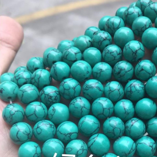 Image de Perles en Turquoise ( Synthétique) Rond Motifs Fissurés Vert 12mm Dia, 1 Enfilade (Env. 32 Pcs/Enfilade)