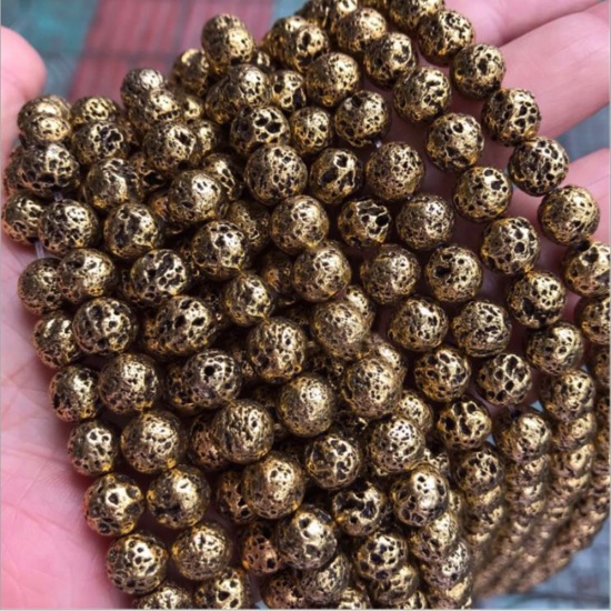 Picture of Lava Rock ( Natural ) Beads Round Gold Tone Antique Gold Plating About 8mm Dia., 39cm(15 3/8") - 38cm(15") long, 1 Strand (Approx 48 PCs/Strand)