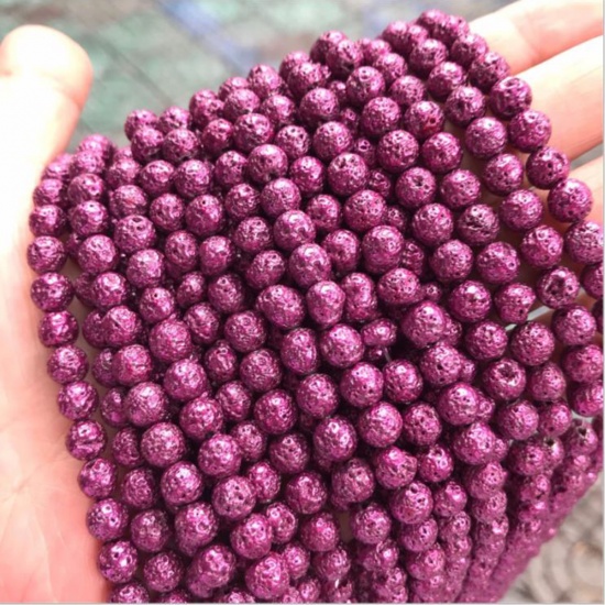 Picture of Lava Rock ( Natural ) Beads Round Fuchsia Plating About 8mm Dia., 39cm(15 3/8") - 38cm(15") long, 1 Strand (Approx 48 PCs/Strand)