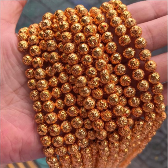 Picture of Lava Rock ( Natural ) Beads Round Golden Yellow Plating About 10mm Dia., 39cm(15 3/8") - 38cm(15") long, 1 Strand (Approx 38 PCs/Strand)