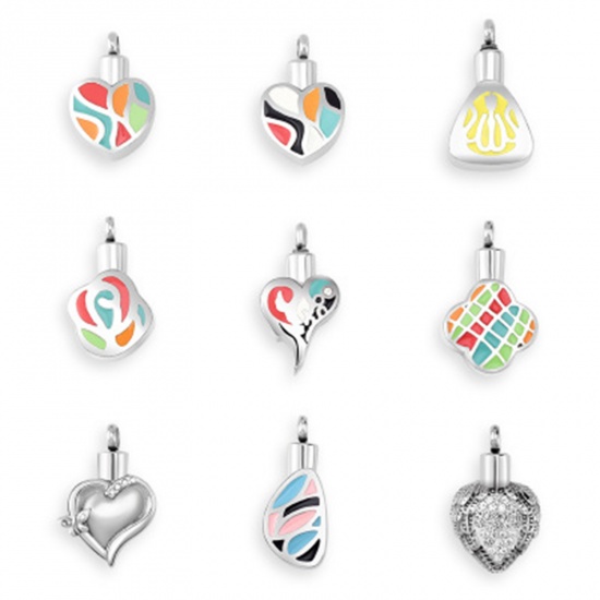 Immagine di Acciaio Inossidabile Cremazione Ash Urna Charms Cuore Tono Argento Multicolore Possibile Aprire 29mm x 19mm, 1 Pz