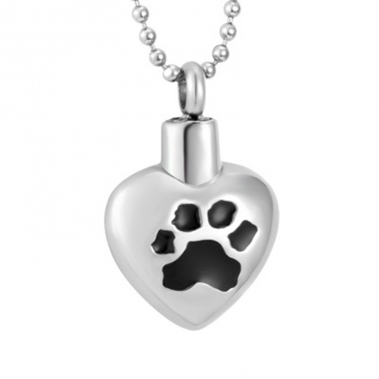 Picture of Stainless Steel Cremation Ash Urn Pendants Heart Silver Tone Black Paw Claw Can Open 30mm x 20mm, 1 Piece