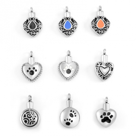 Picture of Stainless Steel Cremation Ash Urn Pendants Heart Silver Tone Black Paw Claw Can Open 30mm x 20mm, 1 Piece
