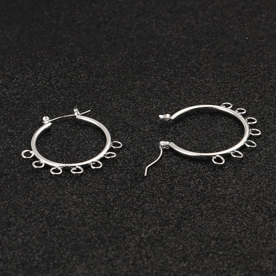 Picture of Zinc Based Alloy Hoop Earrings Findings Circle Ring Silver Tone W/ Loop 37mm x 37mm, Post/ Wire Size: (21 gauge), 1 Pair