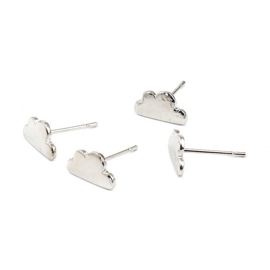 Picture of Weather Collection Ear Post Stud Earrings Findings Cloud Silver Tone 10mm x 6mm, Post/ Wire Size: (21 gauge), 2 Pairs
