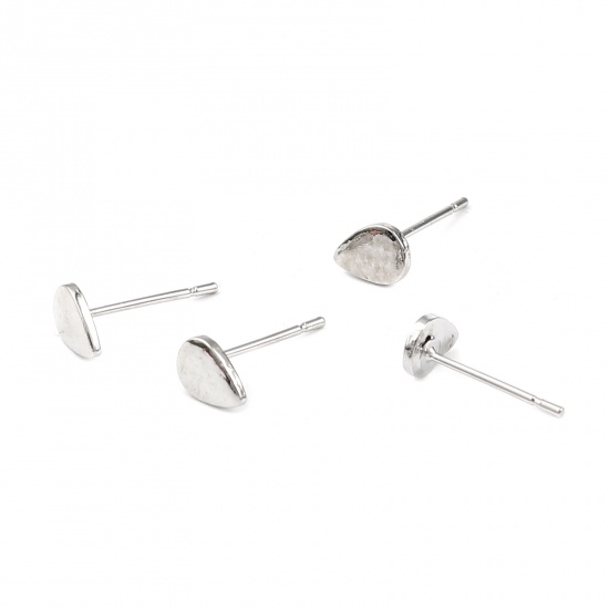 Picture of Ear Post Stud Earrings Findings Drop Silver Tone 7mm x 5mm, Post/ Wire Size: (21 gauge), 2 Pairs