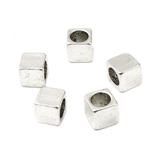 Bild von Zinklegierung Zwischenperlen Spacer Perlen Quadrat Versilbert ca. 8mm x 8mm, Loch:ca. 6mm, 5 Stück
