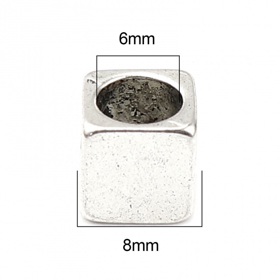 Bild von Zinklegierung Zwischenperlen Spacer Perlen Quadrat Versilbert ca. 8mm x 8mm, Loch:ca. 6mm, 5 Stück