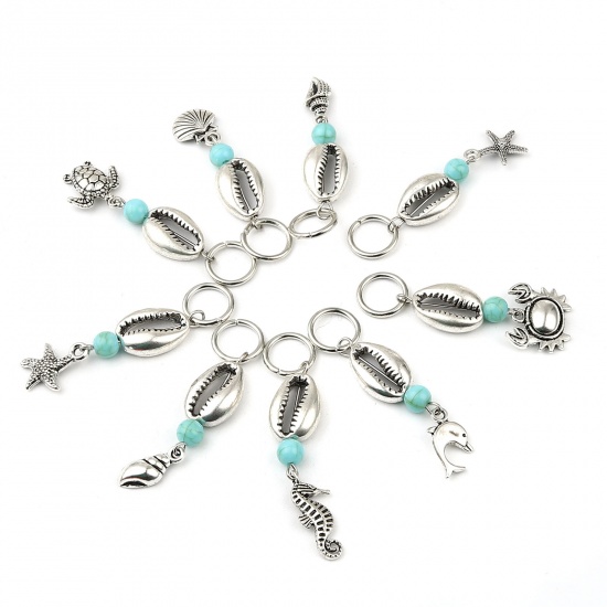 Picture of Acrylic Ocean Jewelry Knitting Stitch Markers Shell Antique Silver Color Cyan Conch Sea Snail 53mm x 12mm, 10 PCs