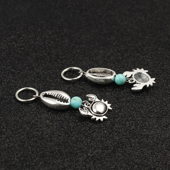 Picture of Acrylic Ocean Jewelry Knitting Stitch Markers Shell Antique Silver Color Cyan Crab 51mm x 17mm, 10 PCs