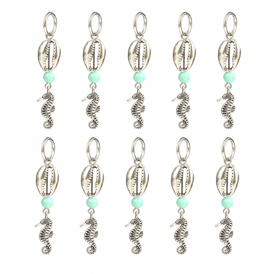 Picture of Acrylic Ocean Jewelry Knitting Stitch Markers Shell Antique Silver Color Cyan Seahorse 58mm x 12mm, 10 PCs
