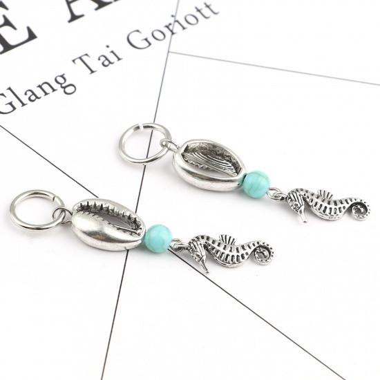 Picture of Acrylic Ocean Jewelry Knitting Stitch Markers Shell Antique Silver Color Cyan Seahorse 58mm x 12mm, 10 PCs