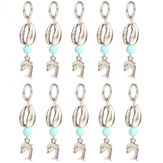 Picture of Acrylic Ocean Jewelry Knitting Stitch Markers Whale Animal Antique Silver Color Cyan Shell 54mm x 12mm, 10 PCs