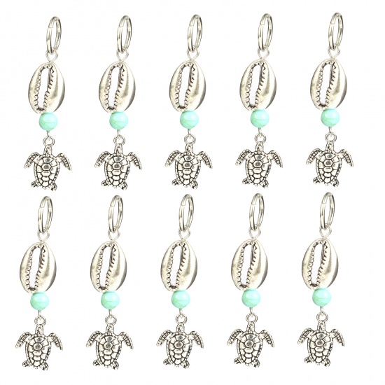 Picture of Acrylic Ocean Jewelry Knitting Stitch Markers Sea Turtle Animal Antique Silver Color Cyan Shell 55mm x 12mm, 10 PCs
