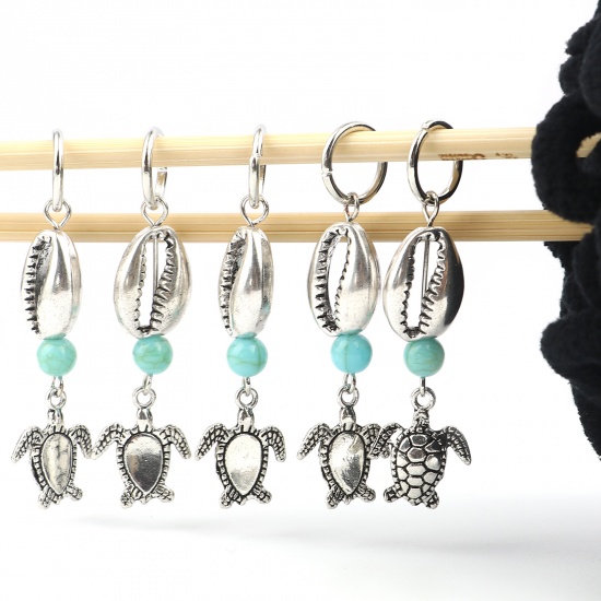 Picture of Acrylic Ocean Jewelry Knitting Stitch Markers Sea Turtle Animal Antique Silver Color Cyan Shell 55mm x 12mm, 10 PCs