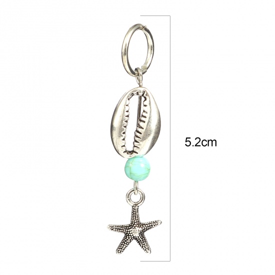 Picture of Acrylic Ocean Jewelry Knitting Stitch Markers Star Fish Antique Silver Color Cyan Shell 52mm x 13mm, 10 PCs