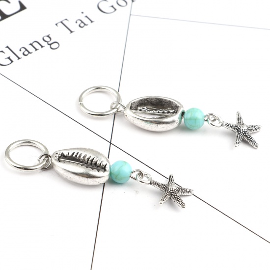 Picture of Acrylic Ocean Jewelry Knitting Stitch Markers Star Fish Antique Silver Color Cyan Shell 52mm x 13mm, 10 PCs