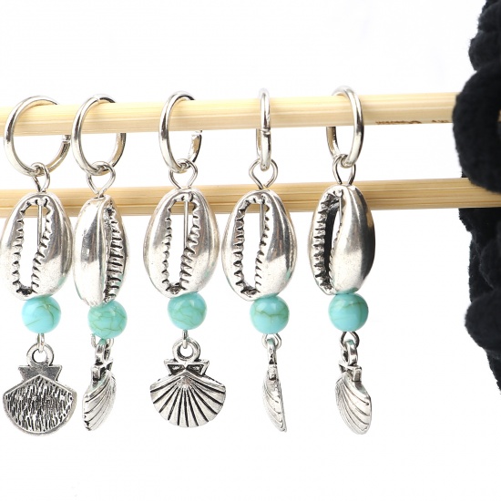 Picture of Acrylic Ocean Jewelry Knitting Stitch Markers Scallop Antique Silver Color Cyan Shell 50mm x 12mm, 10 PCs