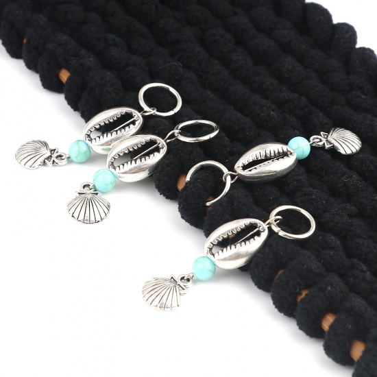 Picture of Acrylic Ocean Jewelry Knitting Stitch Markers Scallop Antique Silver Color Cyan Shell 50mm x 12mm, 10 PCs