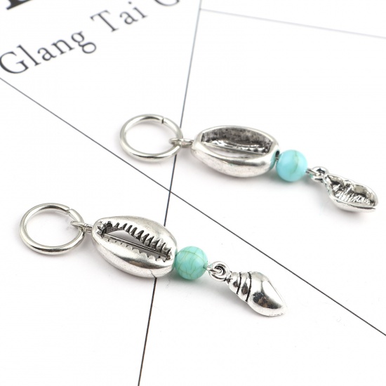 Picture of Acrylic Ocean Jewelry Knitting Stitch Markers Conch/ Sea Snail Antique Silver Color Cyan Shell 53mm x 12mm, 10 PCs