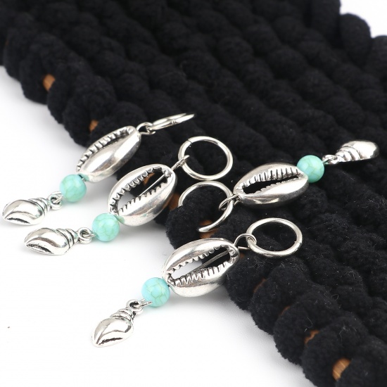 Picture of Acrylic Ocean Jewelry Knitting Stitch Markers Conch/ Sea Snail Antique Silver Color Cyan Shell 53mm x 12mm, 10 PCs