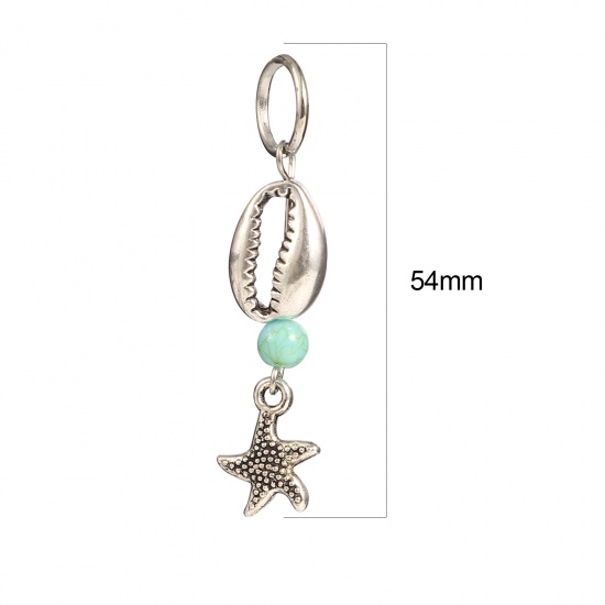 Picture of Acrylic Ocean Jewelry Knitting Stitch Markers Star Fish Antique Silver Color Cyan Shell 54mm x 12mm, 10 PCs