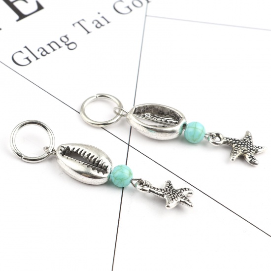 Picture of Acrylic Ocean Jewelry Knitting Stitch Markers Star Fish Antique Silver Color Cyan Shell 54mm x 12mm, 10 PCs