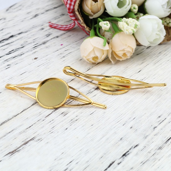 Picture of Iron Based Alloy Hair Clips Findings Gold Plated Round Cabochon Settings (Fits 20mm Dia.) 70mm, 5 PCs