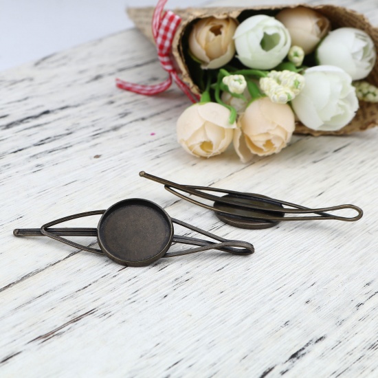 Picture of Iron Based Alloy Hair Clips Findings Antique Bronze Round Cabochon Settings (Fits 20mm Dia.) 70mm, 5 PCs