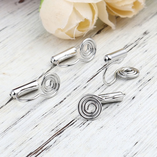 Picture of Brass Ear Clips Earrings Silver Tone Mosquito Coil Holder 15mm x 8mm, 6 PCs                                                                                                                                                                                   