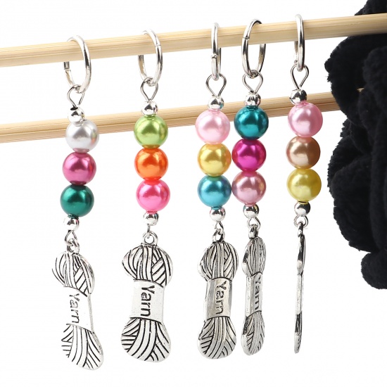 Picture of Zinc Based Alloy & Acrylic Knitting Stitch Markers Ball of yarn Antique Silver Color At Random Color Mixed 77mm x 12mm, 10 PCs