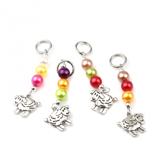 Picture of Zinc Based Alloy & Acrylic Knitting Stitch Markers Sheep Antique Silver Color At Random Color Mixed 60mm x 18mm, 10 PCs
