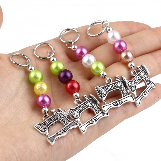 Picture of Zinc Based Alloy & Acrylic Knitting Stitch Markers Sewing Machine Antique Silver Color At Random Color Mixed 63mm x 20mm, 10 PCs