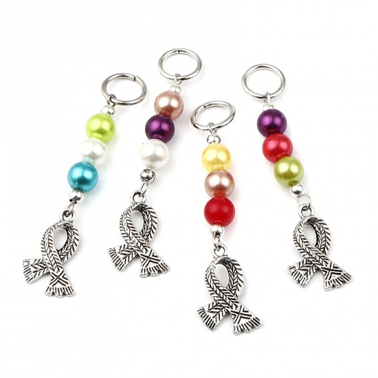 Picture of Zinc Based Alloy & Acrylic Knitting Stitch Markers Scarf Antique Silver Color At Random Color Mixed 70mm x 17mm, 10 PCs