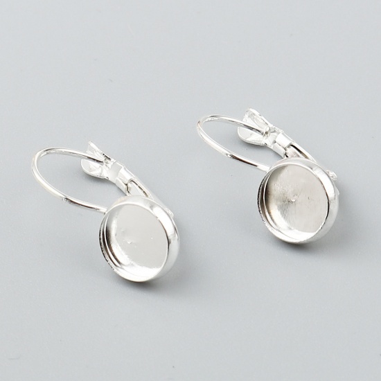 Picture of Iron Based Alloy Cabochon Settings Ear Clips Earrings Findings Round Silver Plated (Fit 8mm Dia.) 22mm x 10mm, Post/ Wire Size: (21 gauge), 1 Packet (Approx 10 PCs/Packet)