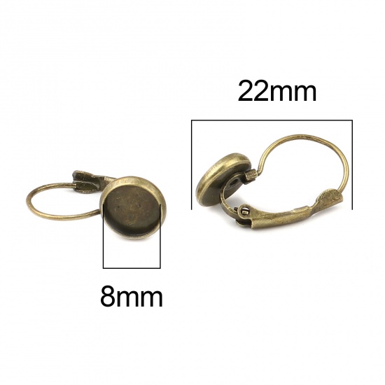 Picture of Iron Based Alloy Cabochon Settings Ear Clips Earrings Findings Round Antique Bronze (Fit 8mm Dia.) 22mm x 10mm, Post/ Wire Size: (21 gauge), 1 Packet (Approx 10 PCs/Packet)