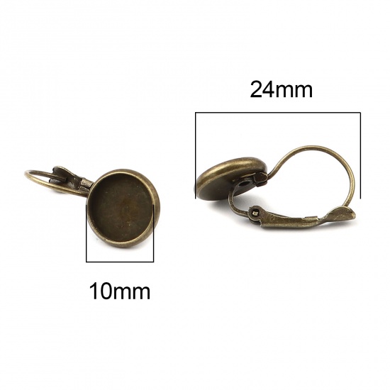 Picture of Iron Based Alloy Cabochon Settings Ear Clips Earrings Findings Round Antique Bronze (Fit 10mm Dia.) 24mm x 12mm, Post/ Wire Size: (21 gauge), 1 Packet (Approx 10 PCs/Packet)