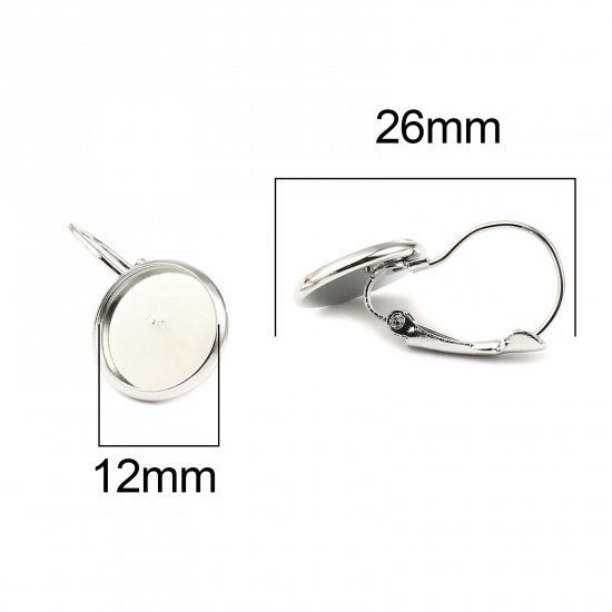 Picture of Iron Based Alloy Cabochon Settings Ear Clips Earrings Findings Round Silver Tone (Fit 12mm Dia.) 26mm x 14mm, Post/ Wire Size: (21 gauge), 1 Packet (Approx 10 PCs/Packet)