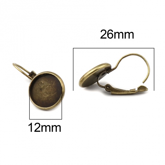 Picture of Iron Based Alloy Cabochon Settings Ear Clips Earrings Findings Round Antique Bronze (Fit 12mm Dia.) 26mm x 14mm, Post/ Wire Size: (21 gauge), 1 Packet (Approx 10 PCs/Packet)