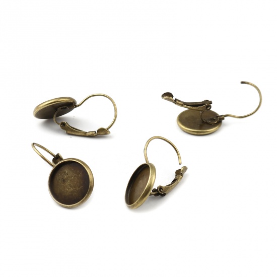 Picture of Iron Based Alloy Cabochon Settings Ear Clips Earrings Findings Round Antique Bronze (Fit 12mm Dia.) 26mm x 14mm, Post/ Wire Size: (21 gauge), 1 Packet (Approx 10 PCs/Packet)