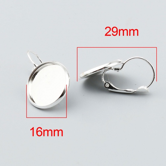 Picture of Iron Based Alloy Cabochon Settings Ear Clips Earrings Findings Round Silver Plated (Fit 16mm Dia.) 29mm x 18mm, Post/ Wire Size: (21 gauge), 1 Packet (Approx 10 PCs/Packet)