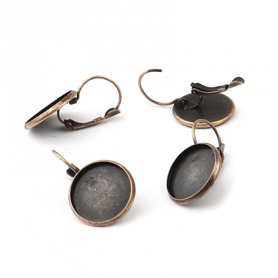 Picture of Iron Based Alloy Cabochon Settings Ear Clips Earrings Findings Round Antique Copper (Fit 16mm Dia.) 29mm x 18mm, Post/ Wire Size: (21 gauge), 1 Packet (Approx 10 PCs/Packet)